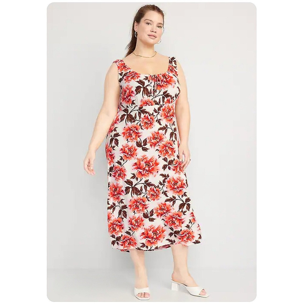 Old Navy Waist-Defined Midi Dress Womens Large Orange/Pink Floral Maxi Cottage